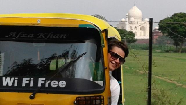 A tourist enjoys a ride in Ifraq Khan’s wi-fi enabled auto near Taj Mahal. (HT Photo) A tourist enjoys a ride in Ifraq Khan’s wi-fi enabled auto near Taj Mahal. (HT Photo)