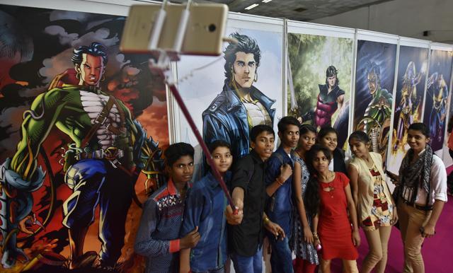 Children take a selfie with the comic characters near the stall of Raj Comics at the Delhi Book Fair. (Raj K Raj/Hindustan Times) Children take a selfie with the comic characters near the stall of Raj Comics at the Delhi Book Fair. (Raj K Raj/Hindustan Times)