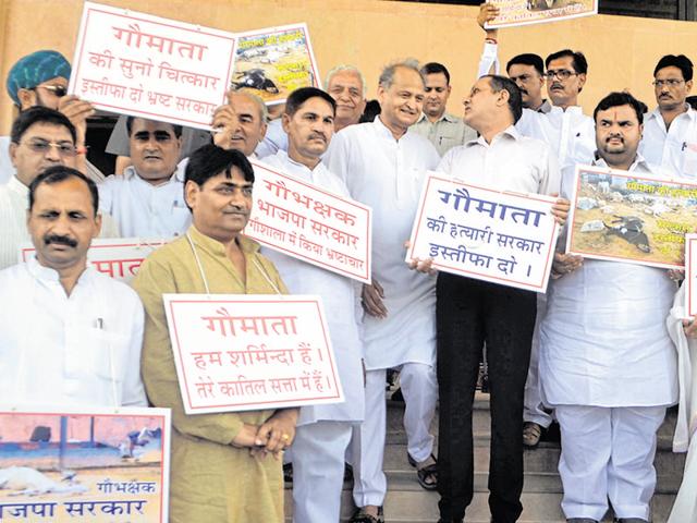 Former chief minister Ashok Gehlot, leader of Opposition Rameshwar Dudi and Congress lawmakers protest against the death of over hundreds of cows at Hingonia rehabilitation centre at state assembly in Jaipur on Friday. (HT Photo) Former chief minister Ashok Gehlot, leader of Opposition Rameshwar Dudi and Congress lawmakers protest against the death of over hundreds of cows at Hingonia rehabilitation centre at state assembly in Jaipur on Friday. (HT Photo)