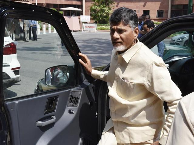 Andhra Pradesh CM Chandrababu Naidu at Parliament House in New Delhi.(Arcind yadav/HT File Photo)