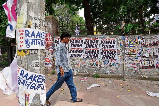 Posters of DUSU candidates can be seen in the Delhi University campus. (Arun Sharma/HT Photo) Posters of DUSU candidates can be seen in the Delhi University campus. (Arun Sharma/HT Photo)
