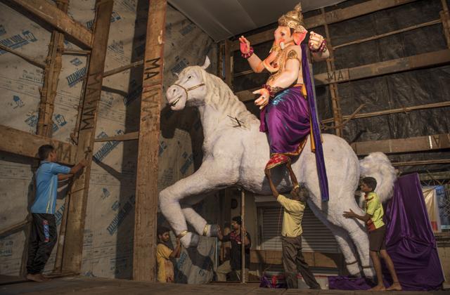 The idol is seated on a unicorn also made entirely of paper. (Satish Bate/HT PHOTO)