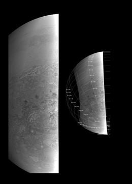 This image provides a close-up view of Jupiter’s southern hemisphere, as seen by NASA’s Juno spacecraft on August 27, 2016. A second version of the image shows the same view with a latitude/longitude grid overlaid. (NASA/JPL-Caltech/SwRI/MSSS) This image provides a close-up view of Jupiter’s southern hemisphere, as seen by NASA’s Juno spacecraft on August 27, 2016. A second version of the image shows the same view with a latitude/longitude grid overlaid. (NASA/JPL-Caltech/SwRI/MSSS)