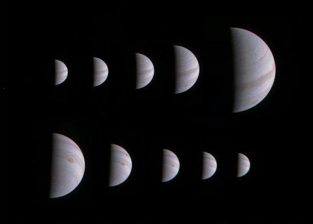 This montage of 10 JunoCam images shows Jupiter growing and shrinking in apparent size before and after NASA’s Juno spacecraft made its closest approach on August 27, 2016, at 12:50 (NASA/JPL-Caltech/SwRI/MSSS) This montage of 10 JunoCam images shows Jupiter growing and shrinking in apparent size before and after NASA’s Juno spacecraft made its closest approach on August 27, 2016, at 12:50 (NASA/JPL-Caltech/SwRI/MSSS)