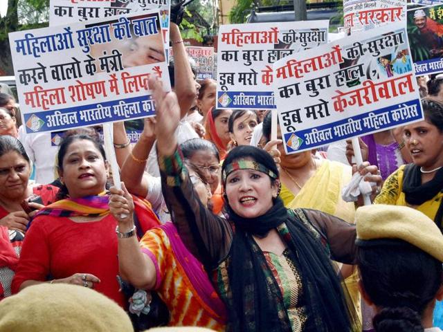 Mahila Congress workers protest against sacked Delhi minister Sandeep Kumar's sex tape at AAP office in New Delhi on Thursday. (PTI) Mahila Congress workers protest against sacked Delhi minister Sandeep Kumar's sex tape at AAP office in New Delhi on Thursday. (PTI)