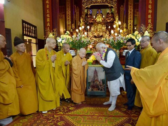 Prime Minister Narendra Modi at the Quan Su Pagoda, in Hanoi, Vietnam on Saturday. Addressing Buddhist monks at the temple, Modi said Vietnam was an inspiration for everyone to shun violence and follow Buddha’s path of peace and harmony. (PTI Photo)
