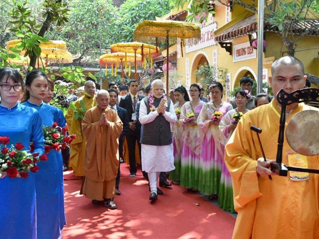 Prime Minister Narendra Modi at the Quan Su Pagoda, in Hanoi, Vietnam on Saturday. He visited the stilt house where revered leader Ho Chi Minh lived. (PTI Photo)