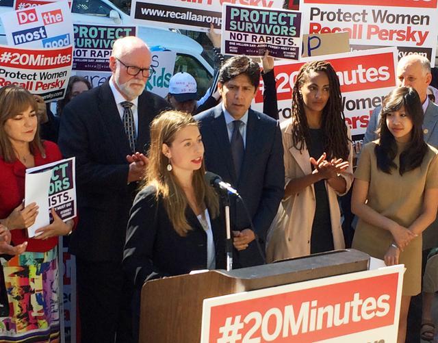 Sofie Karasek, who says she was sexually assaulted by an instructor during her freshman year at the University of California, Berkeley, calls for the removal of Santa Clara County Judge Aaron Persky from the bench, at a protest outside the Santa Clara County Jail in San Jose, California, Friday. (AP) Sofie Karasek, who says she was sexually assaulted by an instructor during her freshman year at the University of California, Berkeley, calls for the removal of Santa Clara County Judge Aaron Persky from the bench, at a protest outside the Santa Clara County Jail in San Jose, California, Friday. (AP)