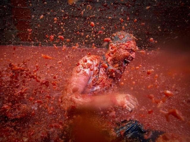Spanish festival, La Tomatina, is held every year in the town of Bunol in the Valencia region of the country. A reveller is pelted with tomato pulp during the annual festivities on August 31, 2016. (AFP)