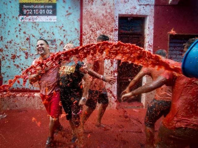 The festival follows rules -- tomatoes have to be squashed before throwing to avoid injuries, nothing else except tomatoes can be thrown and participants have to allow for trucks and lorries. (AFP)