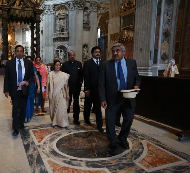 External affairs minister Sushma Swaraj arrives with a delegation for the canonisation ceremony of Mother Teresa. (Twitter/MEAIndia) External affairs minister Sushma Swaraj arrives with a delegation for the canonisation ceremony of Mother Teresa. (Twitter/MEAIndia)