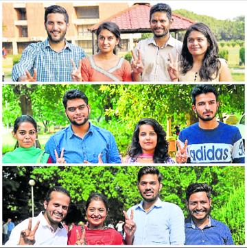 Panels of SOI-ABVP, NSUI-SOPU, NSUISF-PUSU alliances after withdrawals at Panjab University on Saturday. (Ravi Kumar/HT Photos)