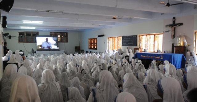 Having stayed away from television sets all their life, hundreds of nuns of the Missionaries of Charity made an exception on Sunday when they were glued to screens beaming Mother Teresa’s canonisation ceremony live. (Subhankar Chakraborty/HT Photo) Having stayed away from television sets all their life, hundreds of nuns of the Missionaries of Charity made an exception on Sunday when they were glued to screens beaming Mother Teresa’s canonisation ceremony live. (Subhankar Chakraborty/HT Photo)