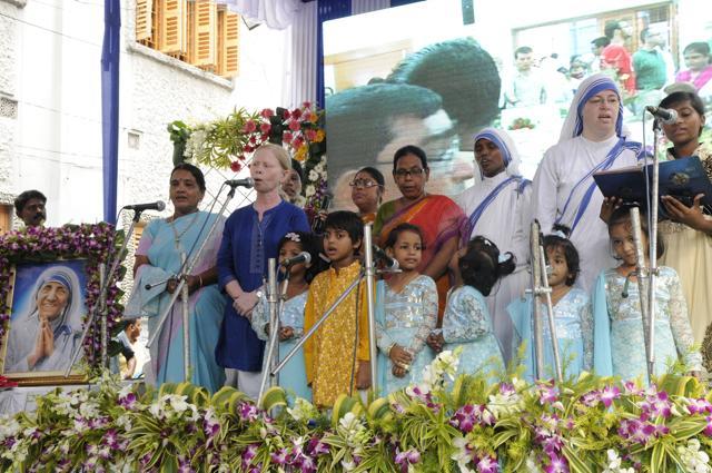 Nuns along with children perform outside Mother House in Kolkata before her canonisation ceremony. (Samir Jana/HT Photo) Nuns along with children perform outside Mother House in Kolkata before her canonisation ceremony. (Samir Jana/HT Photo)