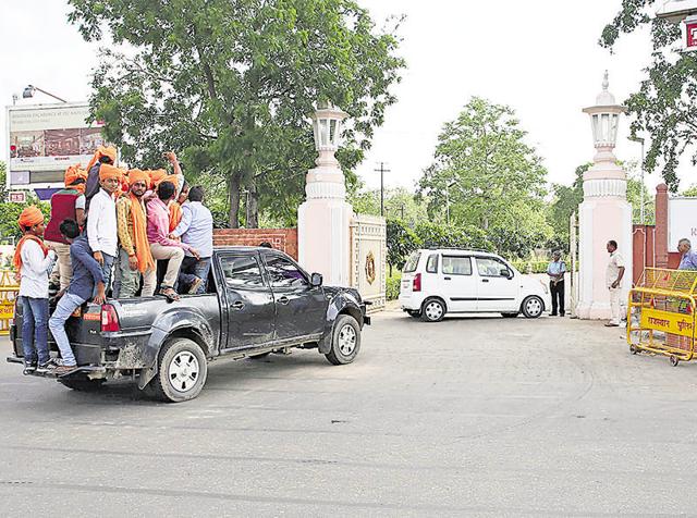 Members from Rajput community enter Rajmahal Palace Hotel after JDA unseals it on Sunday. (Himanshu Vyas/HT Photo) Members from Rajput community enter Rajmahal Palace Hotel after JDA unseals it on Sunday. (Himanshu Vyas/HT Photo)
