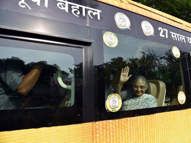 Congress CM candidate for UP polls Sheila Dikshit begins her three-day bus tour in Varanasi. (PTI Photo) Congress CM candidate for UP polls Sheila Dikshit begins her three-day bus tour in Varanasi. (PTI Photo)