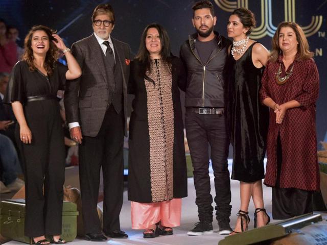 Indian cricketer Yuvraj Singh with his mother Shabnam Singh, bollywood actors Kajol, Amitabh Bachchan, Deepika Padukone and film director Farah Khan during the event to unveil Yuvraj's fashion label YWC in Mumbai. (PTI) Indian cricketer Yuvraj Singh with his mother Shabnam Singh, bollywood actors Kajol, Amitabh Bachchan, Deepika Padukone and film director Farah Khan during the event to unveil Yuvraj's fashion label YWC in Mumbai. (PTI)