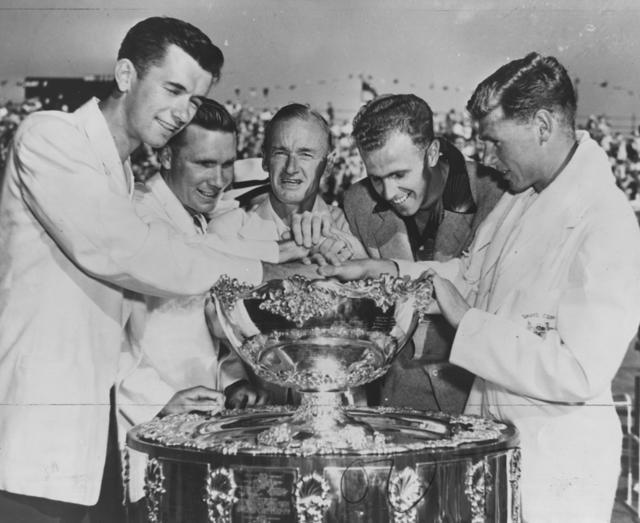 The victorious Australian Davis Cup team pictured with the trophy following their win over America on December 28, 1951. From left to right: Mervyn Rose, Ian Ayre, Harry Hopman, Ken McGregor and Frank Sedgman, at White City Stadium in Sydney, Australia. (Getty Images) The victorious Australian Davis Cup team pictured with the trophy following their win over America on December 28, 1951. From left to right: Mervyn Rose, Ian Ayre, Harry Hopman, Ken McGregor and Frank Sedgman, at White City Stadium in Sydney, Australia. (Getty Images)