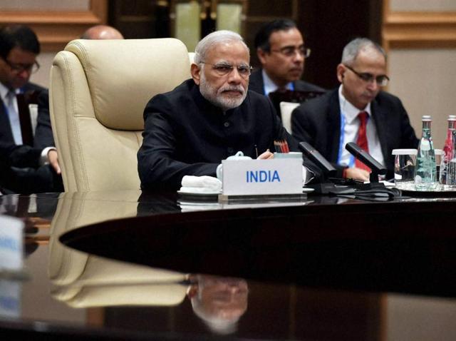 Prime Minister Narendra Modi in the BRICS meeting in Hangzhou, China, on Sunday.(PTI)