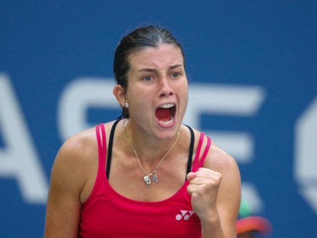 Anastasija Sevastova of Latvia reacts during her win over Johanna Konta of the United Kingdom. (AFP)