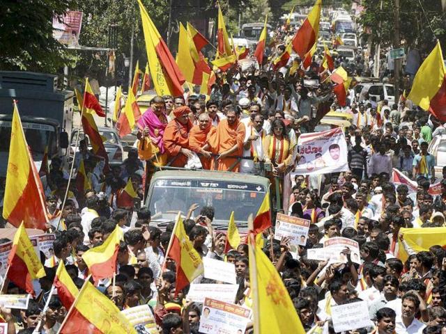 Members of a Kannada outfit take out a protest rally over the Cauvery issue in Bengaluru.(PTI File Photo)