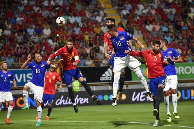 Costa heads in to score his second goal, and Spain's fifh, of the match. (AP) Costa heads in to score his second goal, and Spain's fifh, of the match. (AP)