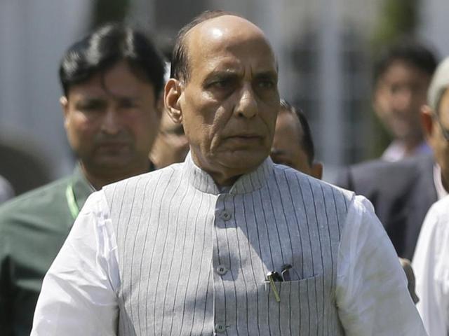 Home minister Rajnath Singh during his visit to Srinagar.(AP Photo)