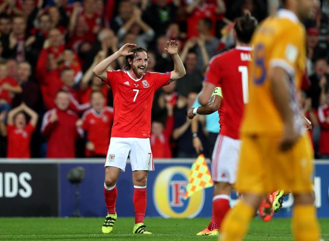 Joe Allen celebrates scoring his first international goal. (AP) Joe Allen celebrates scoring his first international goal. (AP)
