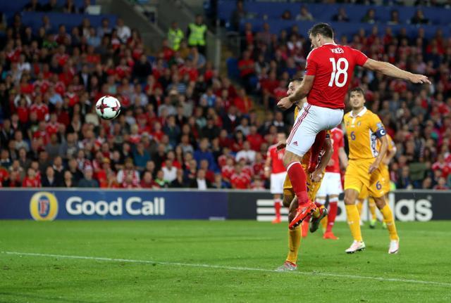 Sam Vokes headed in a perfect cross from Bale to give Wales the lead. (AP) Sam Vokes headed in a perfect cross from Bale to give Wales the lead. (AP)