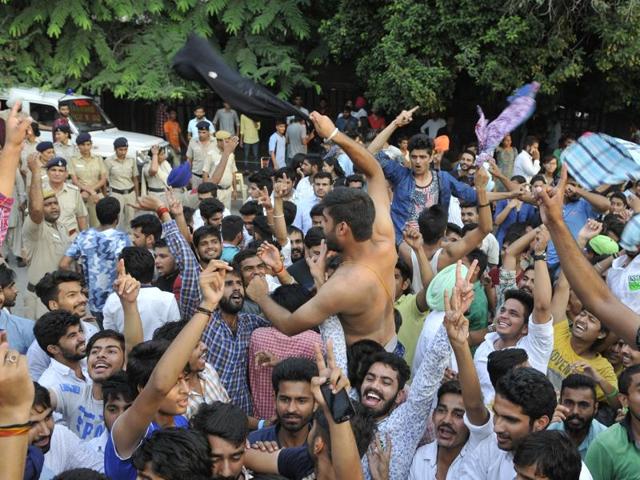 Celebrations outside DAV College, Sector 10, after the student election results on Wednesday. (Keshav Singh/HT Photo)
