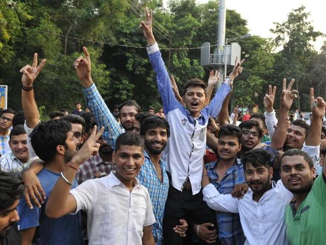Celebrations outside DAV College, Sector 10, after the student election results on Wednesday. (Keshav Singh/HT Photo)