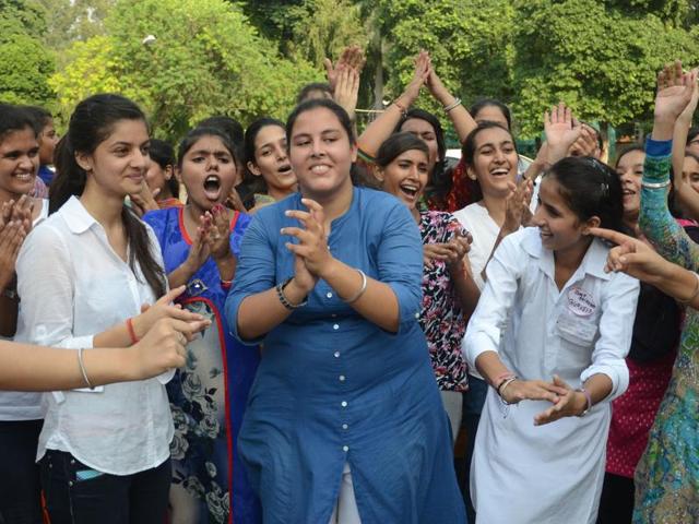 Celebrations at PGGCG, Sector 11, after the student election results on Wednesday. (Keshav Singh/HT Photo)