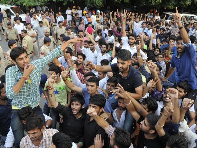 Celebrations outside DAV College, Sector 10, after the student election results on Wednesday. (Keshav Singh/HT Photo)