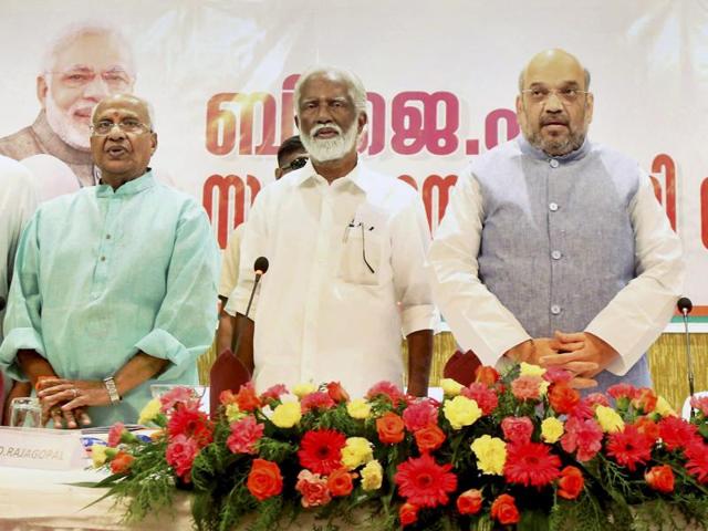 BJP national president Amit Shah with BJP state president Kummanam Rajasekharan and others in Thiruvananthapuram. (PTI file photo) BJP national president Amit Shah with BJP state president Kummanam Rajasekharan and others in Thiruvananthapuram. (PTI file photo)