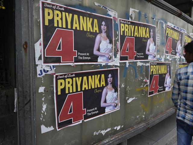 Posters carrying the photo of actor Priyanka Chopra have come up in and around Delhi University, where student union elections will be held on September 9.(Raj K Raj/Hindustan Times) Posters carrying the photo of actor Priyanka Chopra have come up in and around Delhi University, where student union elections will be held on September 9.(Raj K Raj/Hindustan Times)