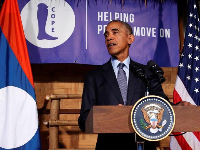 US President Barack Obama gestures as he delivers a speech about US-Laos relations at the Lao National Cultural Hall in Vientiane on Monday. (AFP) US President Barack Obama gestures as he delivers a speech about US-Laos relations at the Lao National Cultural Hall in Vientiane on Monday. (AFP)