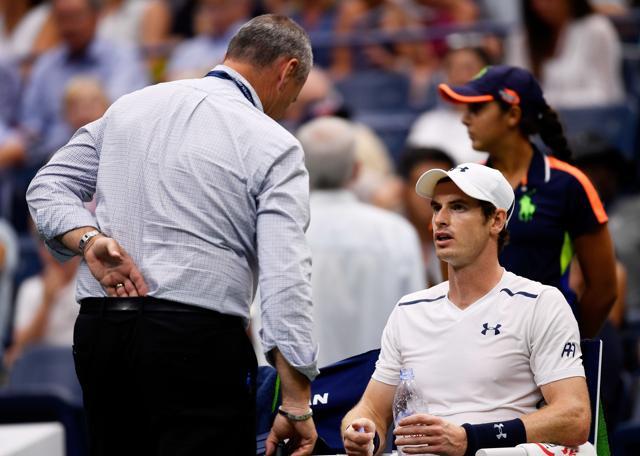 Murray has a word with a tournament official after the gong-like sound interrupted the match. (AFP) Murray has a word with a tournament official after the gong-like sound interrupted the match. (AFP)