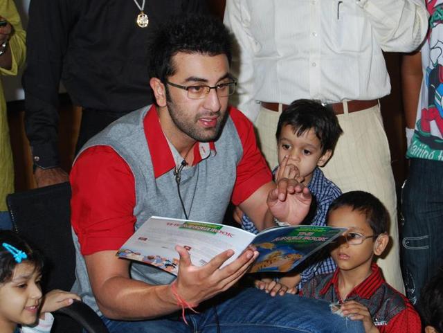 Actor Ranbir Kapoor engages children in a storytelling session organised by Uday Foundation.