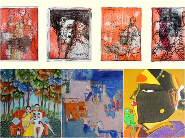 Clockwise from top: Artworks by M Sivanesan, T Vaikuntam, John Tun Sein and Nayanaa Kanodia would be at display at the art exhibition.