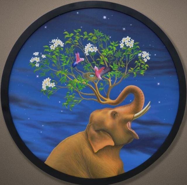 This artwork by artist Suneel Mamadapur shows an elephant in a jubilant mood, signifying oneness with nature. This artwork by artist Suneel Mamadapur shows an elephant in a jubilant mood, signifying oneness with nature.