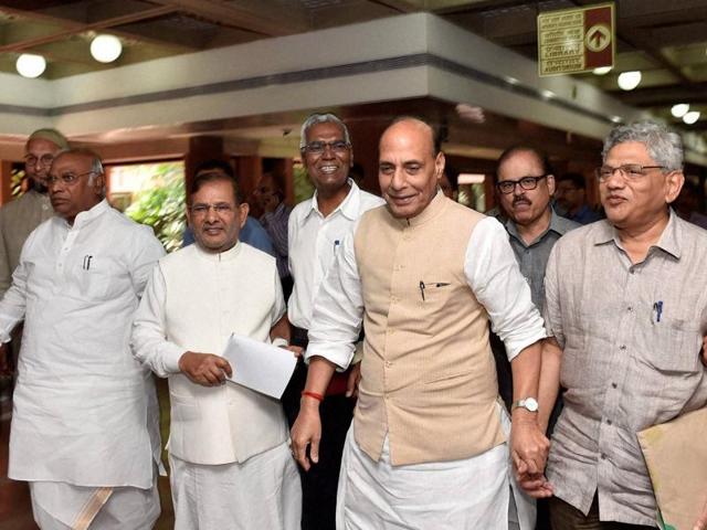 Home minister Rajnath Singh (centre) along with other political leaders after an all party meeting in New Delhi.(PTI Photo)