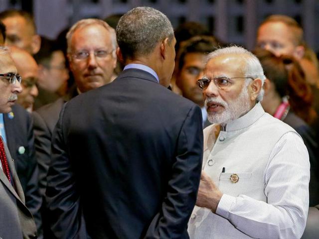 Modi, right, talks with Obama before the start of the East Asia Summit on the last day of the 28th and 29th ASEAN Summits in Vientiane, Laos, on Sept. 8, 2016 .  (AP) 