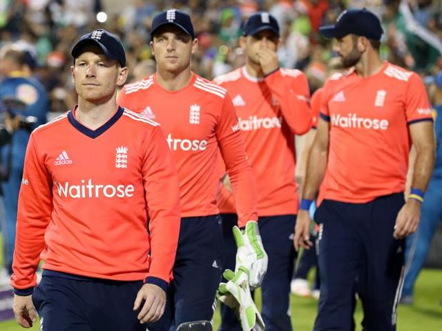 England's Eoin Morgan leads his players off the pitch after losing against Pakistan. (AP Photo) England's Eoin Morgan leads his players off the pitch after losing against Pakistan. (AP Photo)
