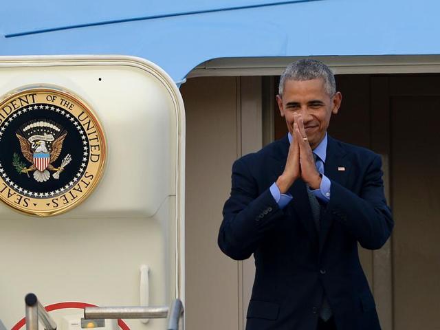 US President Barack Obama gestures as he boards Air Force One following the closing ceremony of the Asean summit. (AFP) US President Barack Obama gestures as he boards Air Force One following the closing ceremony of the Asean summit. (AFP)