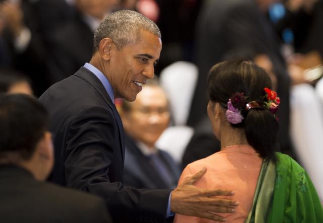 US President Barack Obama greets Myanmar's state counsellor Aung San Suu Kyi during the ASEAN-US Summit in Vientiane on September 8, 2016. (AFP) US President Barack Obama greets Myanmar's state counsellor Aung San Suu Kyi during the ASEAN-US Summit in Vientiane on September 8, 2016. (AFP)