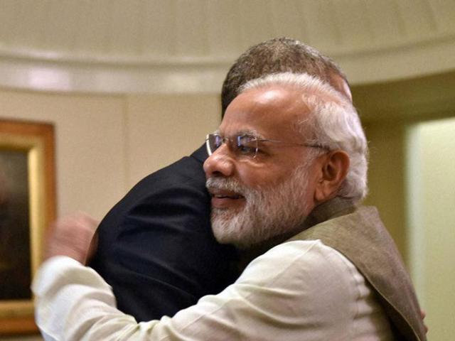 Modi hugs Obama during a meeting in the Oval Office of the White House in Washington. (PTI) 