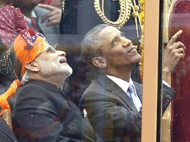 Obama and Modi watch Indian Air Force jets fly past during celebrations for India’s 66th Republic Day in Delhi on January 26, 2015.  (Ajay Aggarwal/HT Photo) 