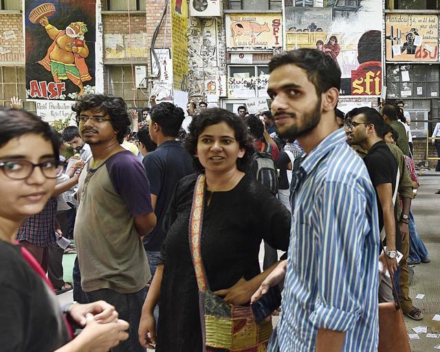 Umar Khalid near a polling booth for the Jawaharlal Nehru University students’ Union election in New Delhi on Friday. Khalid was arrested for allegedly shouting anti-national slogans at the university on February 9 and was later released on bail. (Vipin Kumar/HT Photo) Umar Khalid near a polling booth for the Jawaharlal Nehru University students’ Union election in New Delhi on Friday. Khalid was arrested for allegedly shouting anti-national slogans at the university on February 9 and was later released on bail. (Vipin Kumar/HT Photo)