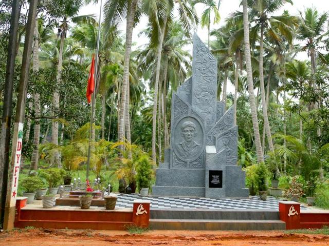 A memorial has been built for Shibin CK, a member of DYFI, the youth wing of CPI (M)’s youth wing, near his house in north Kerala’s Nadapuram. Shibin was killed in 2015 in a fight between CPM and IUML workers.(MS Anas)