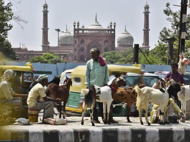 Vendors with their goats at a livestock market at Jama Masjid in New Delhi. The plump goats are ready to be sold to families for Qurbani, the ritualistic animal sacrifice on the occasion of Eid al-Adha. (Raj K Raj/HT Photo) Vendors with their goats at a livestock market at Jama Masjid in New Delhi. The plump goats are ready to be sold to families for Qurbani, the ritualistic animal sacrifice on the occasion of Eid al-Adha. (Raj K Raj/HT Photo)